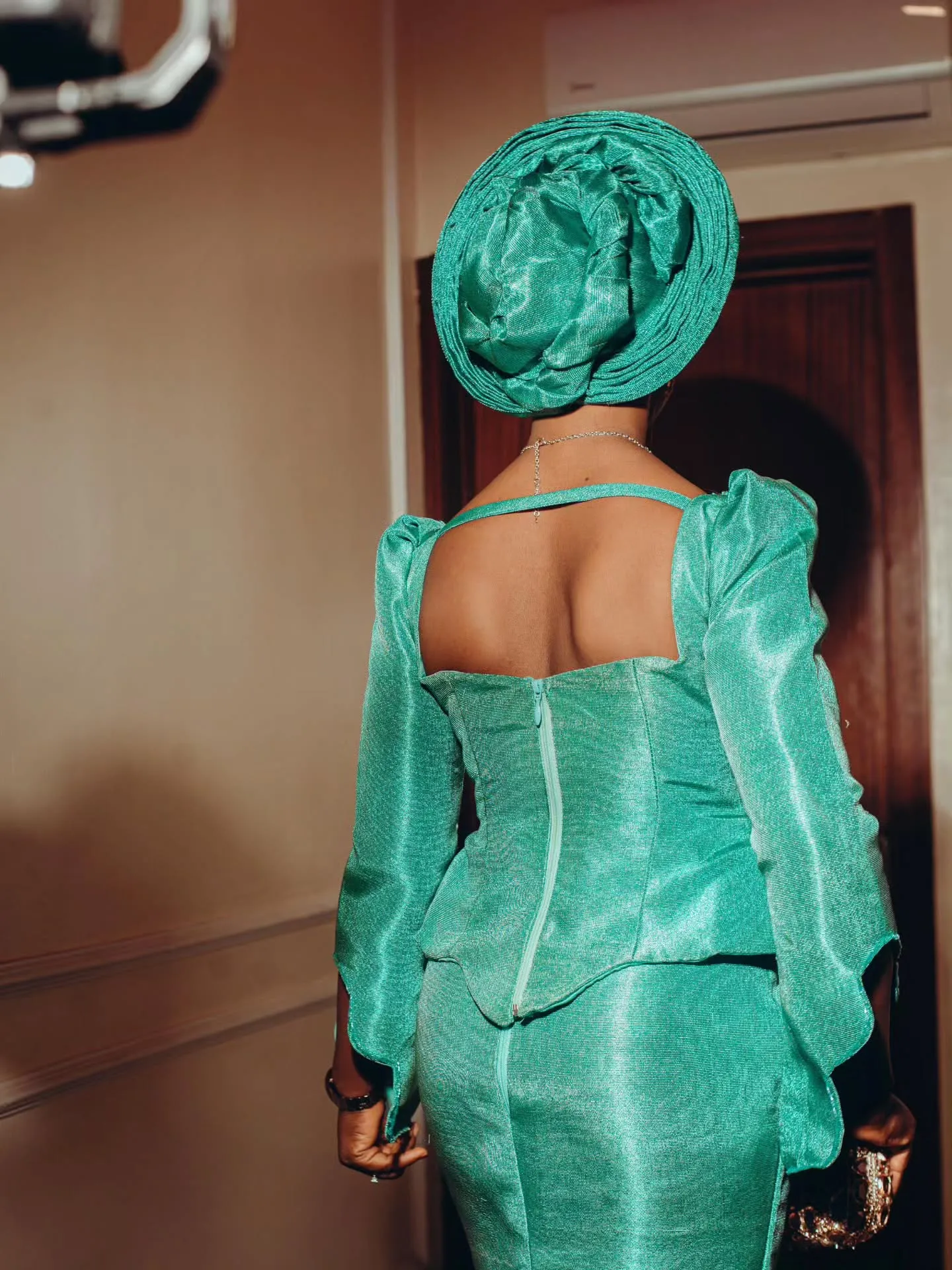 Back detail of the emerald bridal gown